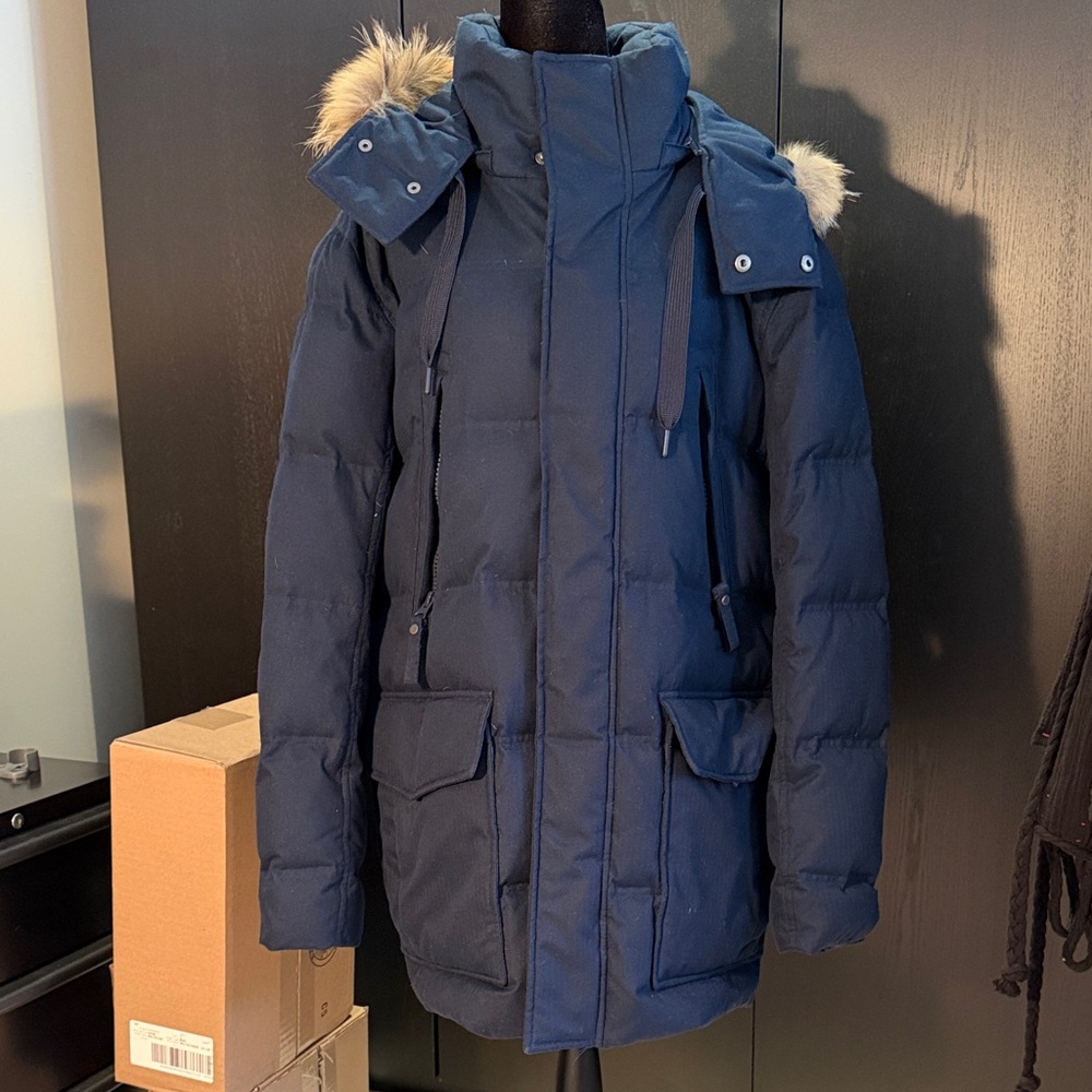 Marc New York (Andrew Marc) Navy Blue Puffer Coat with Faux Fur Hood Size L